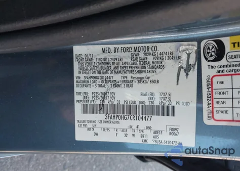 2012 Ford Fusion Se из США, поврежденный, VIN 3FAHP0HG7CR104477